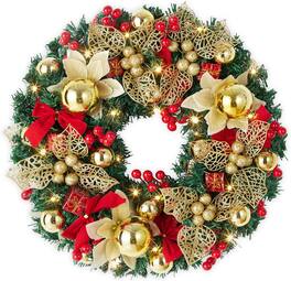 Jojoka - 18-in Red Gold Christmas Wreath Pre-Lit Battery Operated for Indoor Outdoor Holiday Decorations - Green
