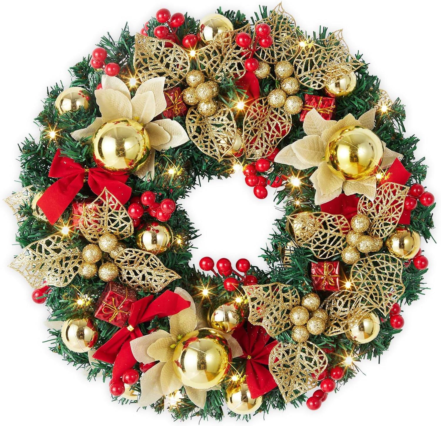 Front. Jojoka - 18-in Red Gold Christmas Wreath Pre-Lit Battery Operated for Indoor Outdoor Holiday Decorations - Green.
