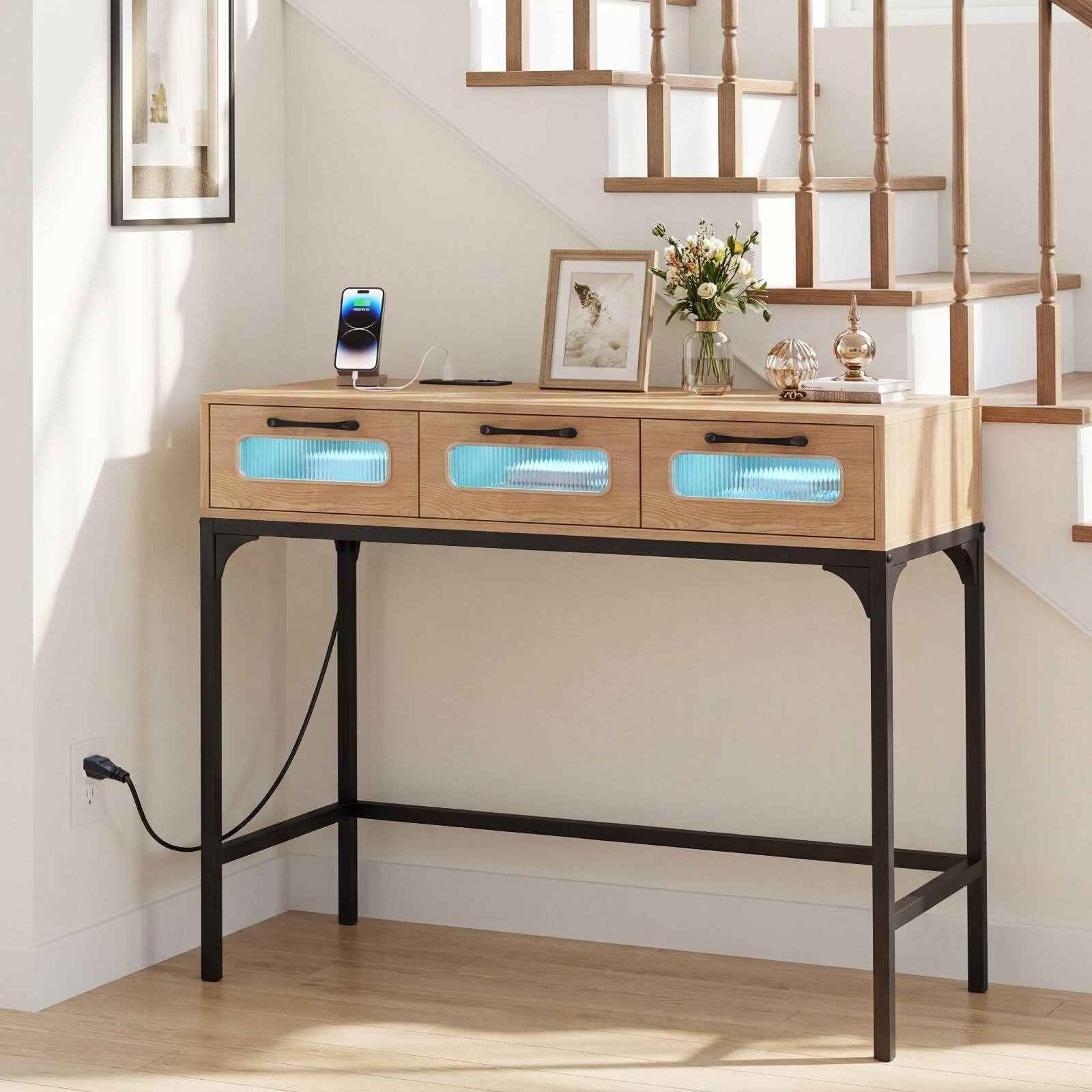 Alt View 4. Costway - Costway Console Table with LED Lighting & Charging Station,Entryway Table with 3 Drawers - Natural.