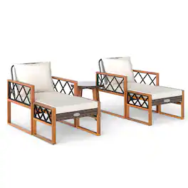 Gymax - 5 PCS PE Rattan Conversation Set w/Acacia Wood Table Chairs w/Ottomans Outdoor - Brown