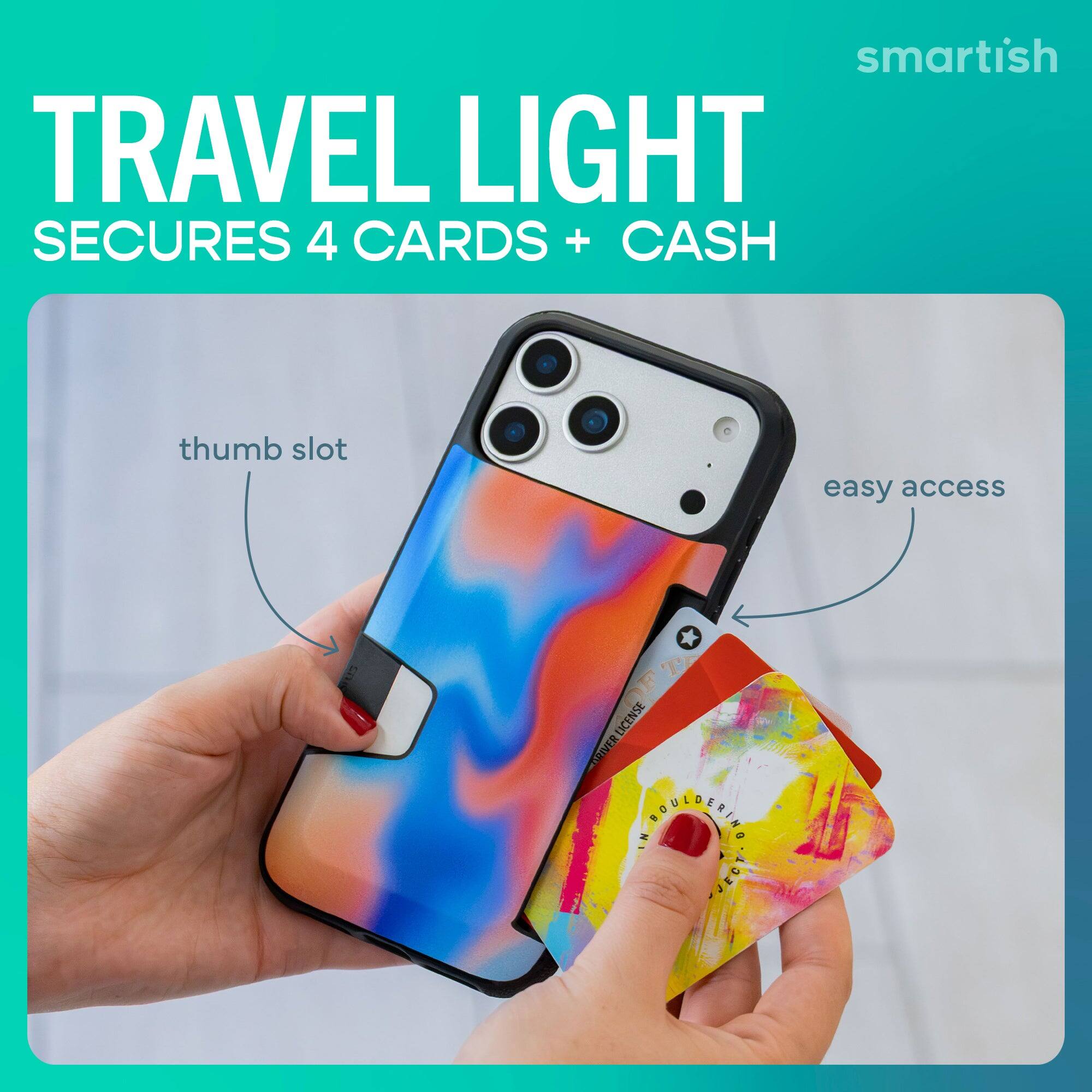 smartish TRAVEL LIGHT SECURES 4 CARDS + CASH

thumb slot

easy access

T F LICENSE DRIVER