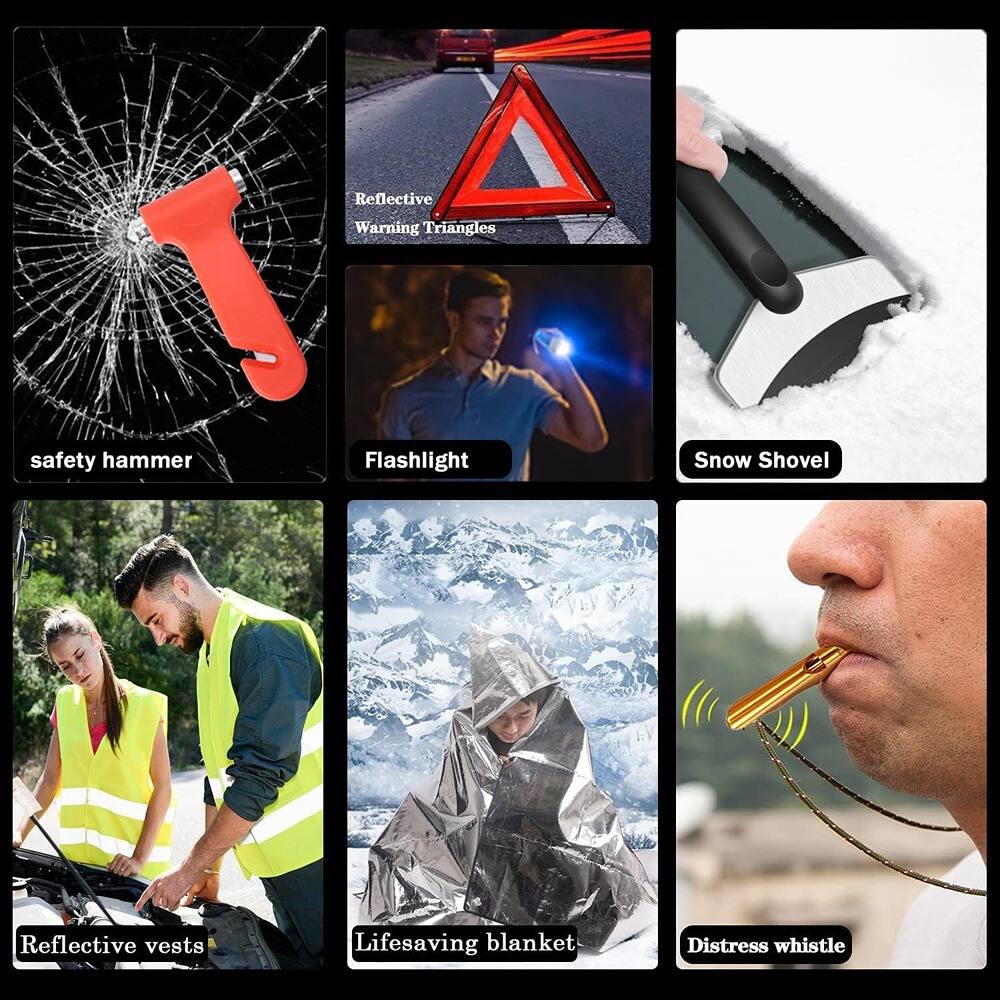 - Safety Hammer
- Reflective Warning Triangles
- Flashlight
- Snow Shovel
- Reflective Vests
- Lifesaving Blanket
- Distress Whistle
