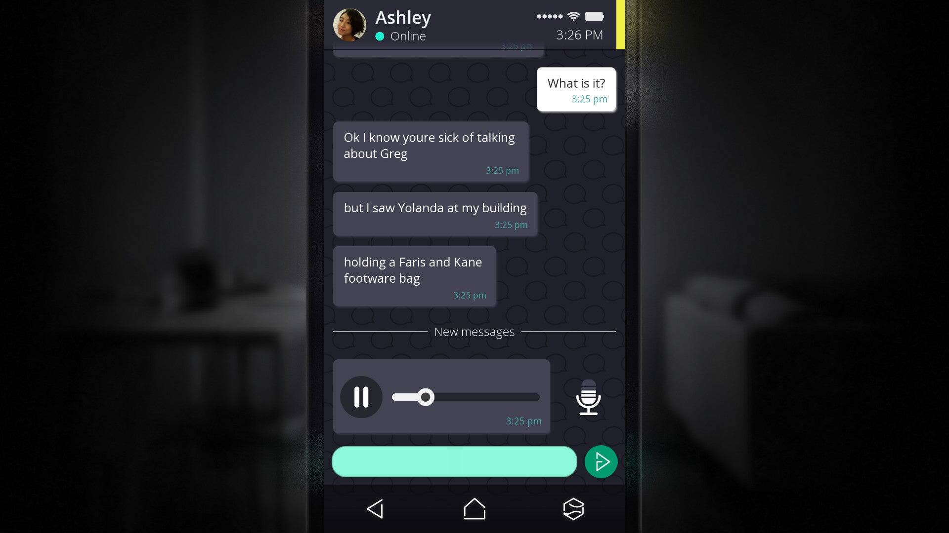 Ashley Online 3:25 PM  
What is it? 3:25 PM  

Ok I know you're sick of talking about Greg 3:25 PM  

but I saw Yolanda at my building 3:25 PM  

holding a Farris and Kane footwear bag 3:25 PM  

New messages