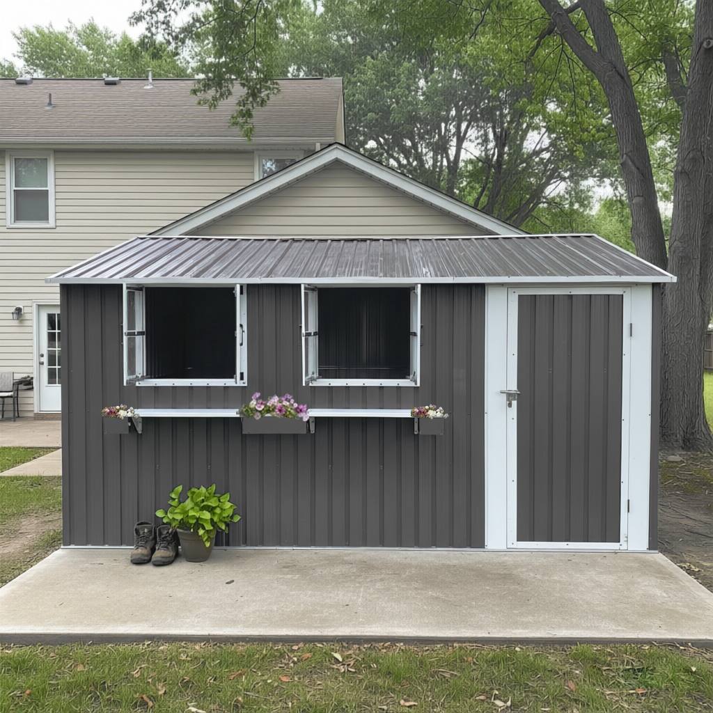 Left. Anysun - 12x10 FT Outdoor Metal Storage Shed with 3 Clear Windows & Decorative Flower Rack – Lockable Single Door, Heavy Duty - Gray.