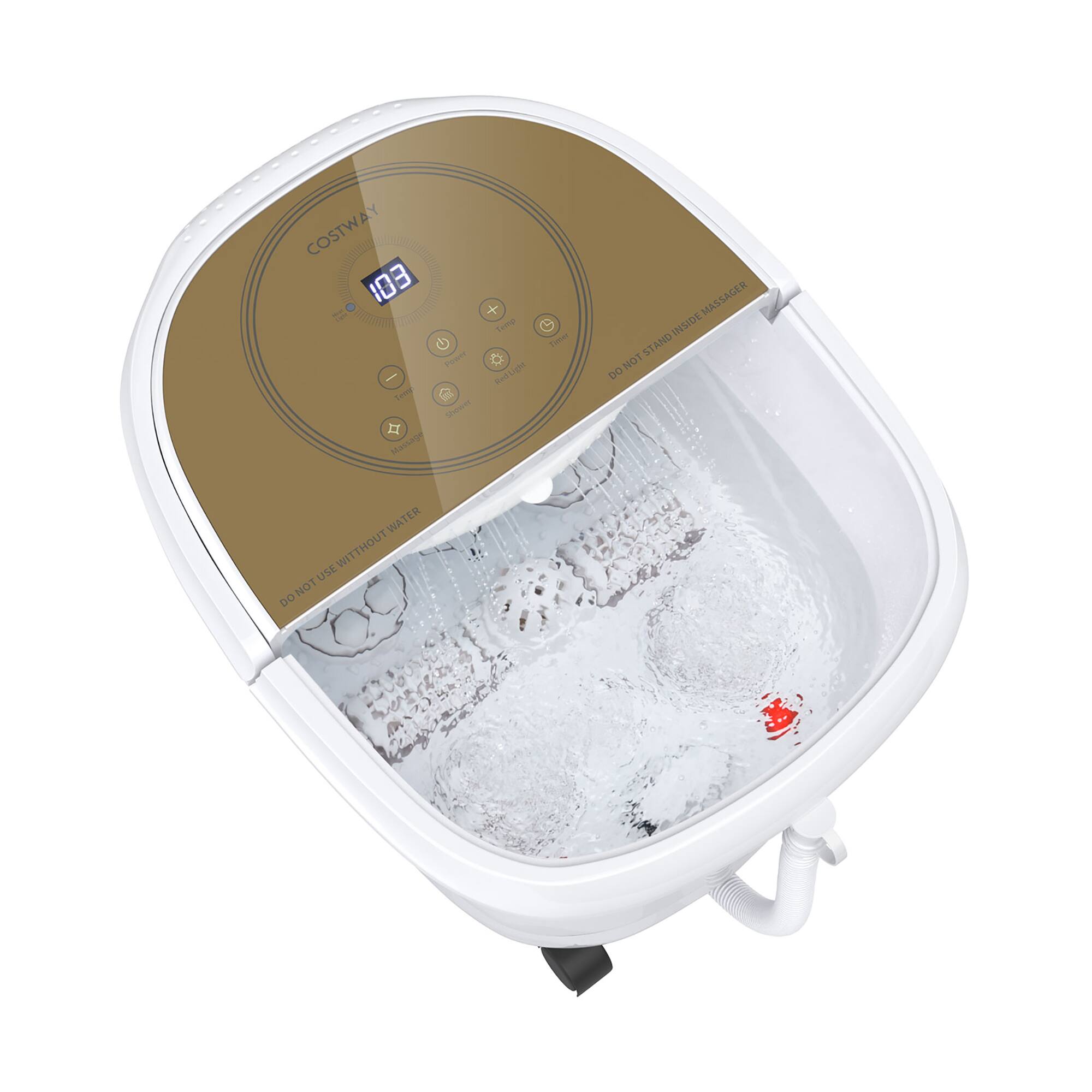 The image features a white appliance with a brown lid, which is a Costway 103 toilet seat massager. The appliance is designed to provide a comfortable and relaxing experience for users. The massager is placed inside a stand and is filled with water, making it easy to use and maintain. The appliance is equipped with a control panel that allows users to adjust the settings and customize their massage experience. The Costway 103 toilet seat massager is an innovative and convenient solution for personal hygiene and relaxation.