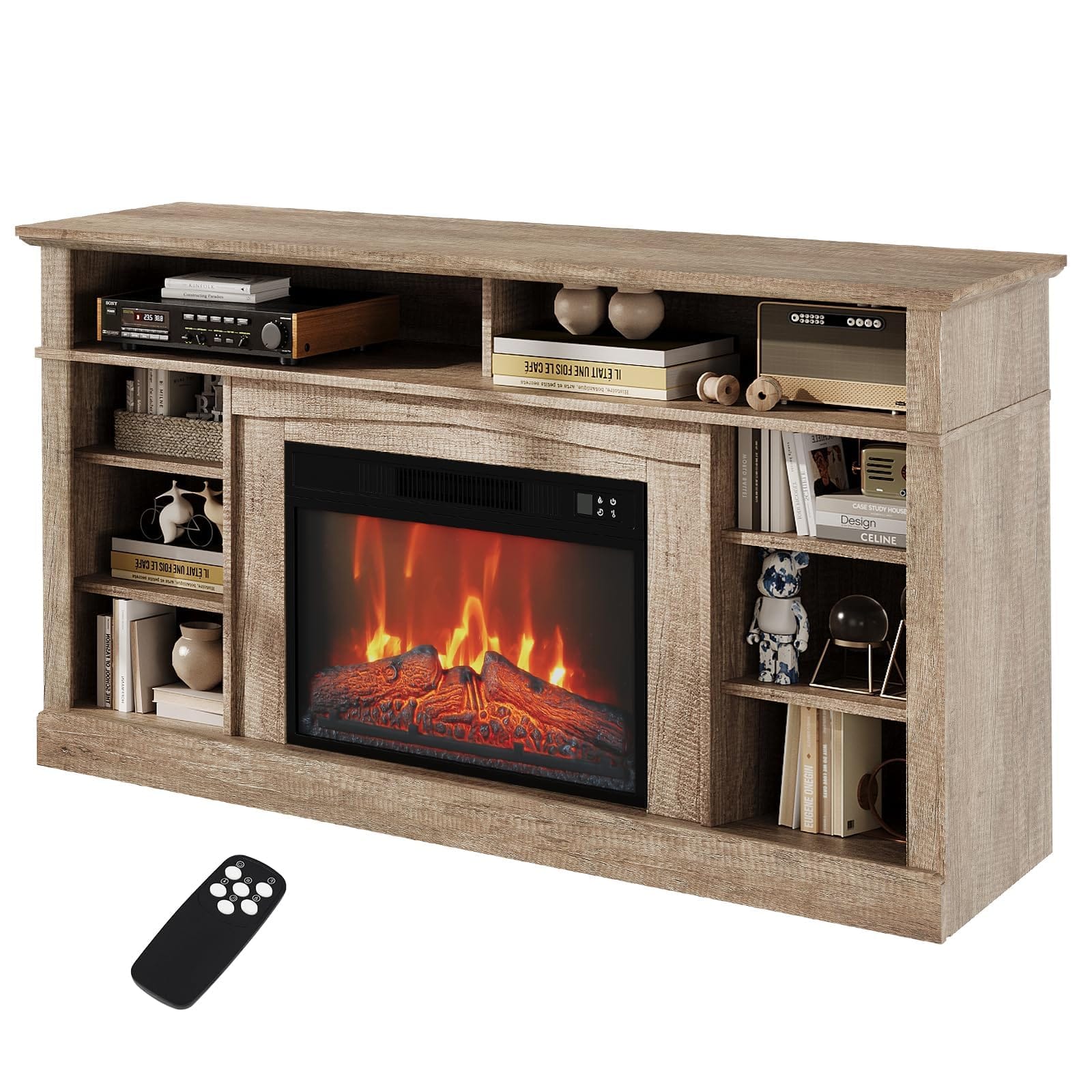 Acekool - 58" Electric Fireplace TV Stand with 23" Electric Fireplace, Remote-Control 1400W Fireplace Console with Storage - Natural