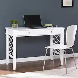 Spaco - Writing Desk with 2 Drawers, Lattice Sides, Brushed Nickel Hardware, Transitional Home Office - White