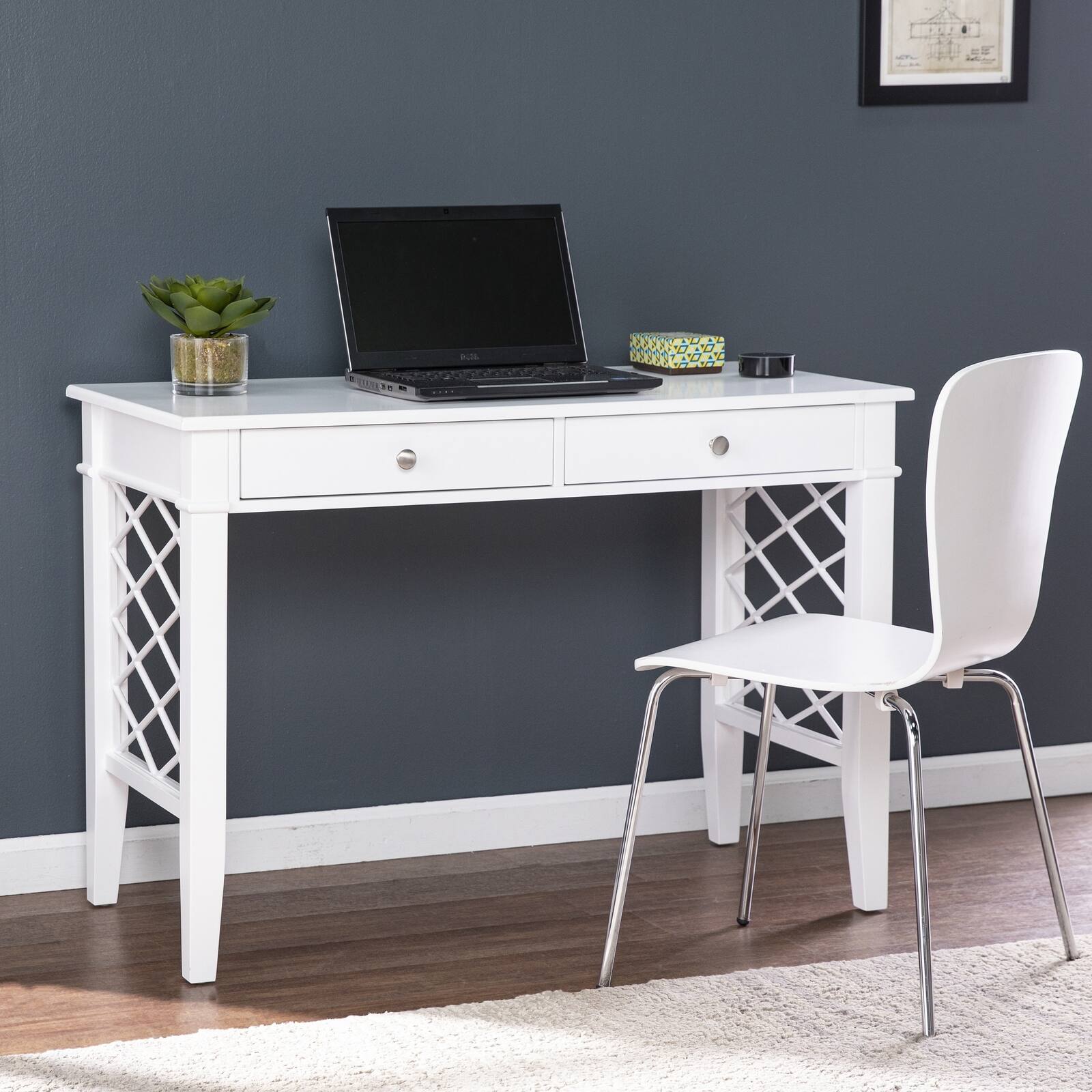 Front. Spaco - Spaco Writing Desk with 2 Drawers, Lattice Sides, Brushed Nickel Hardware, Transitional Home Office - White.
