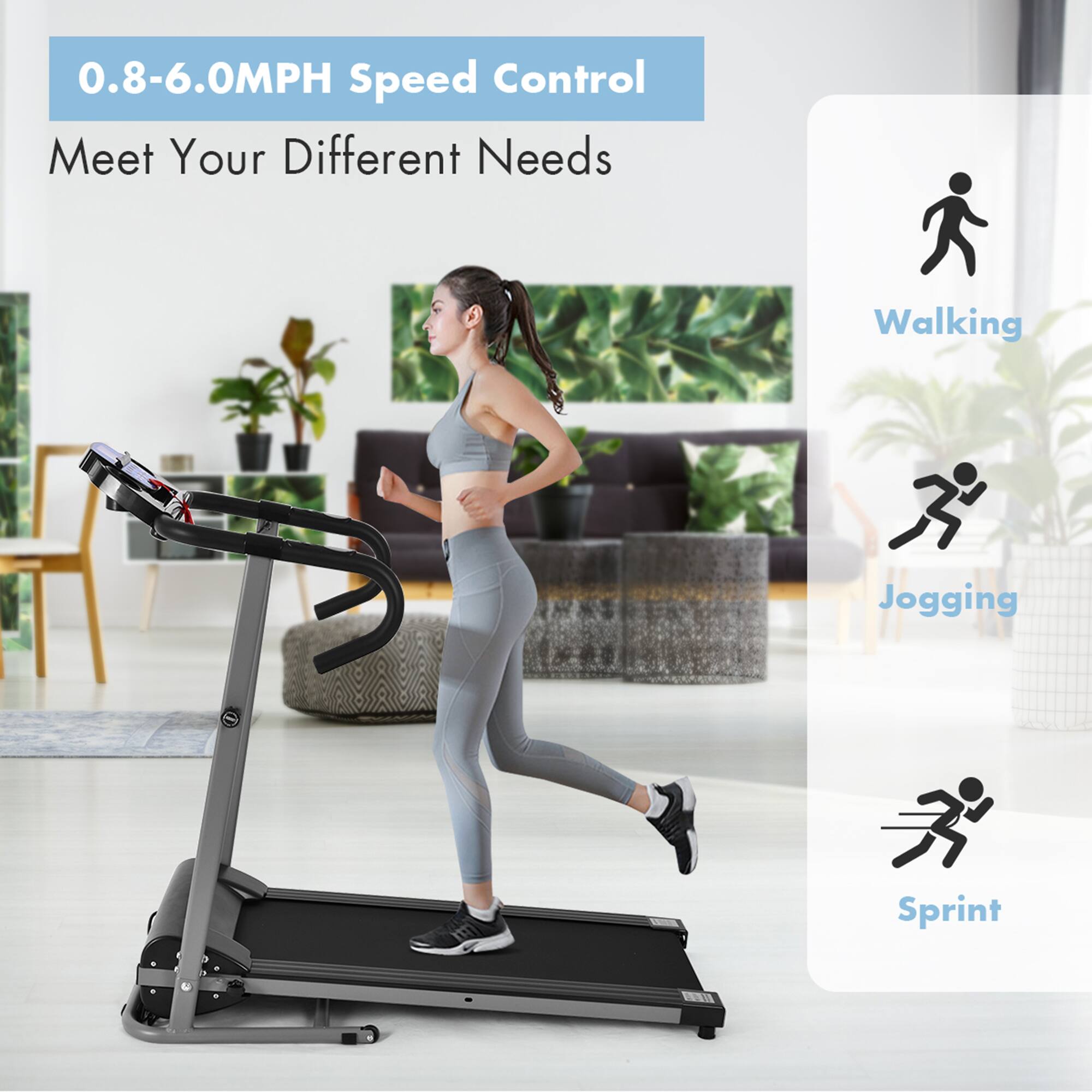 0.8-6.0MPH Speed Control  
Meet Your Different Needs  

Walking  
Jogging  
Sprint