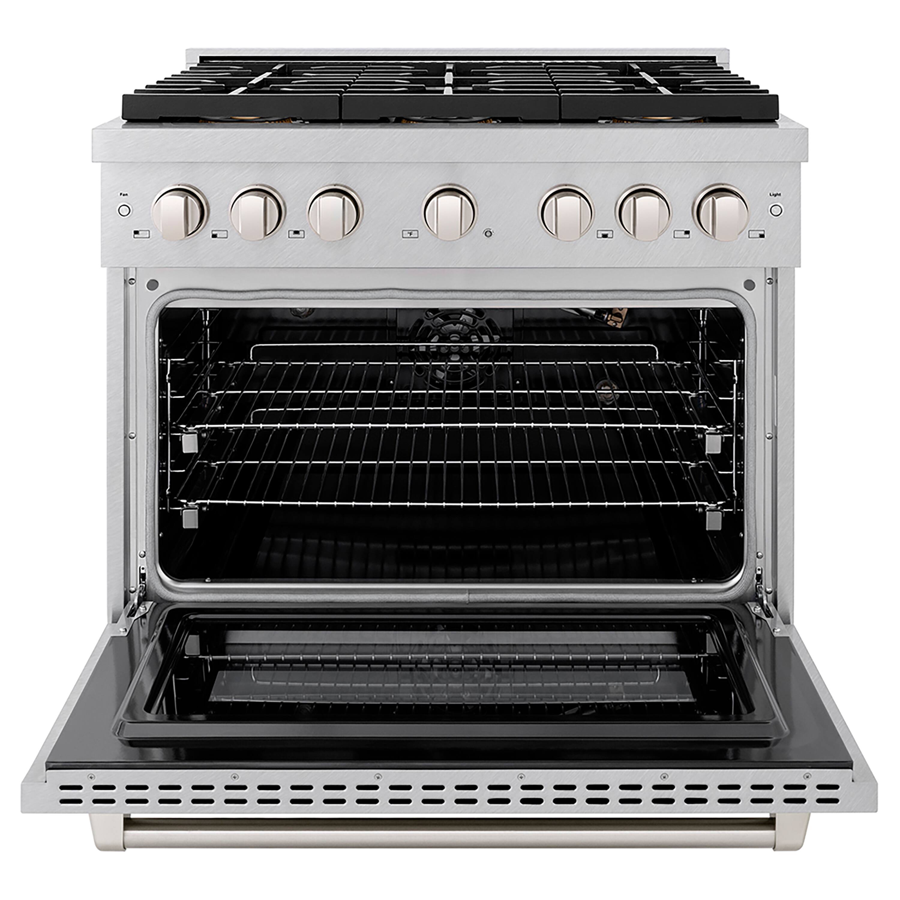 Angle. ZLINE - 36 in. 5.2 cu. ft. Freestanding Paramount Gas Range with DuoPro Cooktop and Convection Oven in Satin Stainless Steel - Stainless Steel.