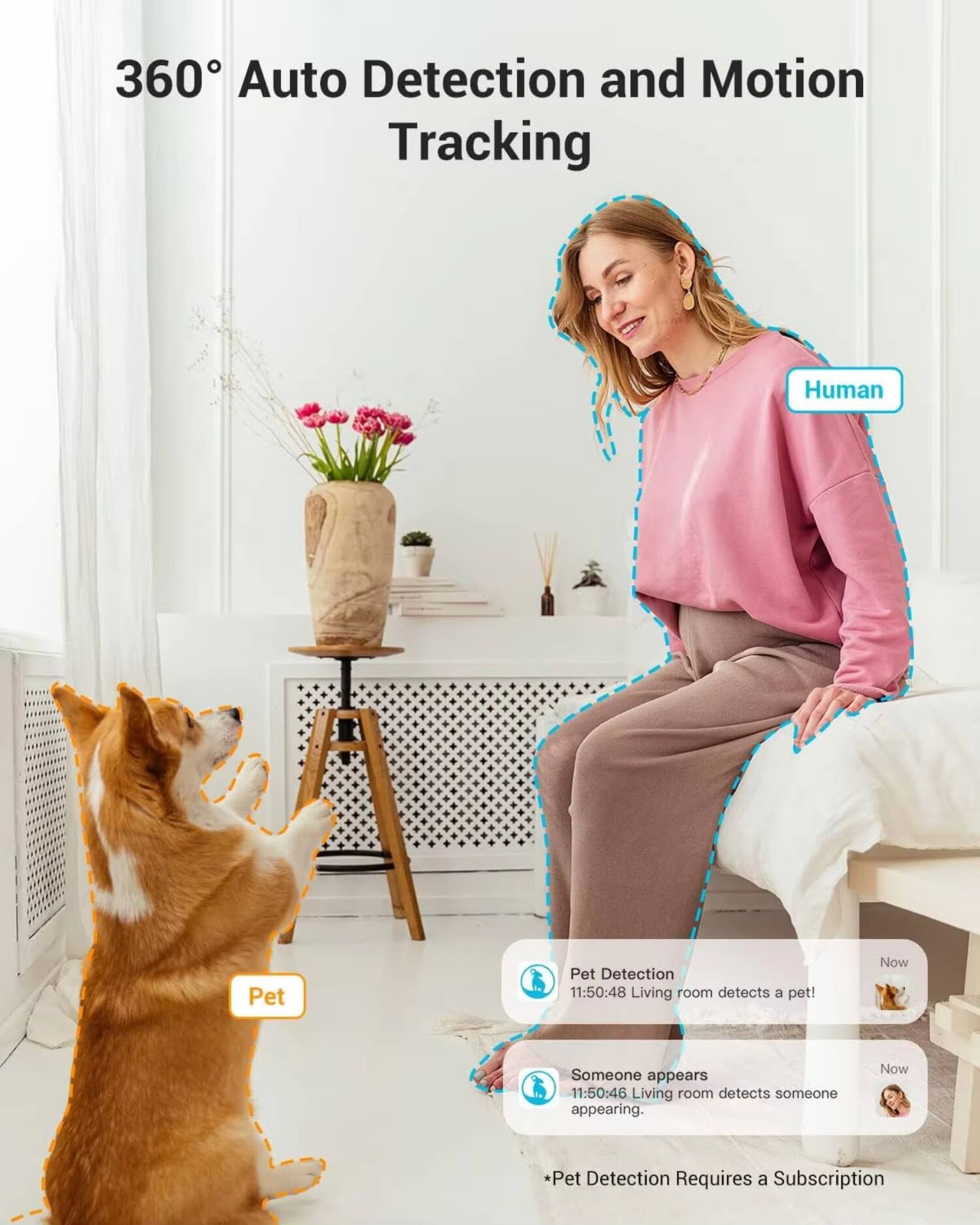 360° Auto Detection and Motion Tracking

Human Pet Detection

11:50:48 Living room detects a pet!
11:50:46 Living room detects someone appearing.

*Pet Detection Requires a Subscription