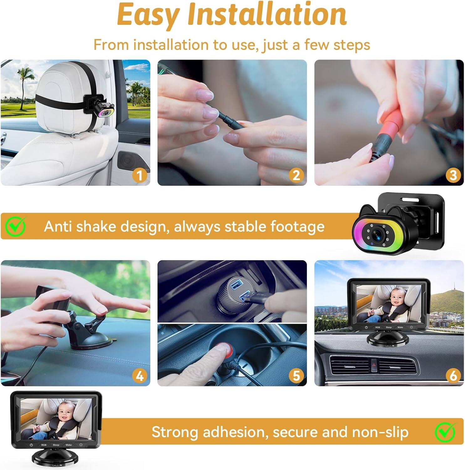 Easy Installation  
From installation to use, just a few steps

1. Anti shake design, always stable footage
2. Strong adhesion, secure and non-slip
