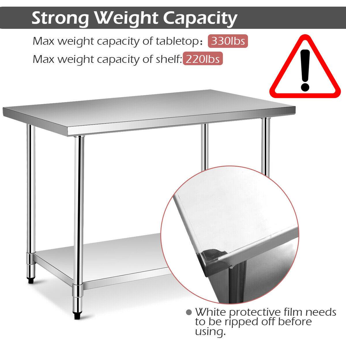 Strong Weight Capacity  
Max weight capacity of tabletop: 330lbs  
Max weight capacity of shelf: 220lbs  

White protective film needs to be ripped off before using.