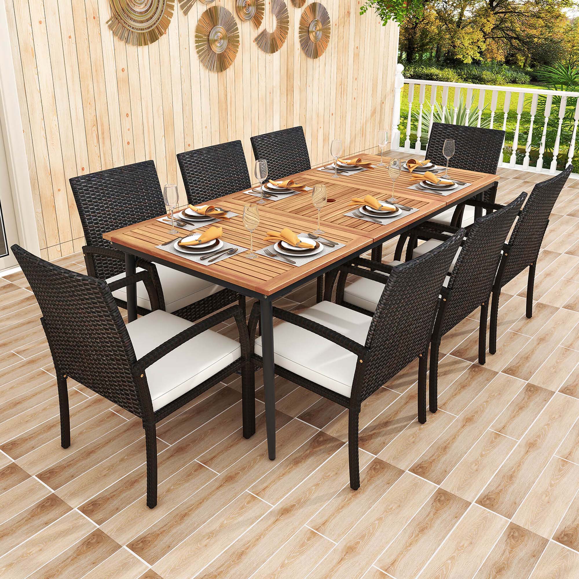 Alt View 4. Costway - 9 PCS Patio Dining Set Outdoor Acacia Wood Dining Table with 1.9" Umbrella Hole - Natural & Black,Mix Brown,Off White.