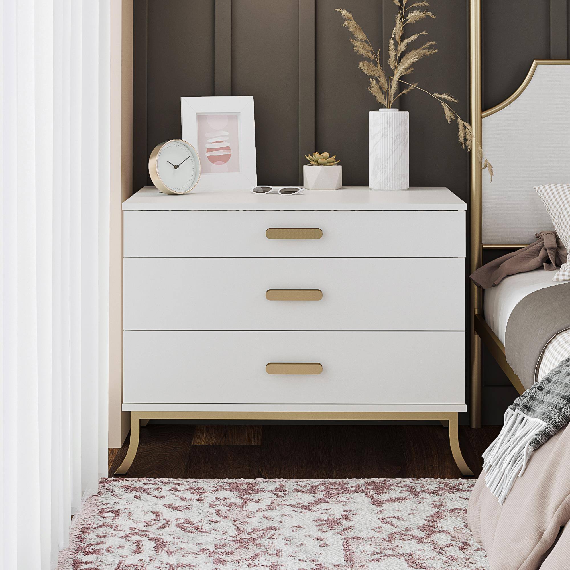 Alt View 2. TinyHomie - 3-Drawer Dresser with Oval Handles - White and Gold.