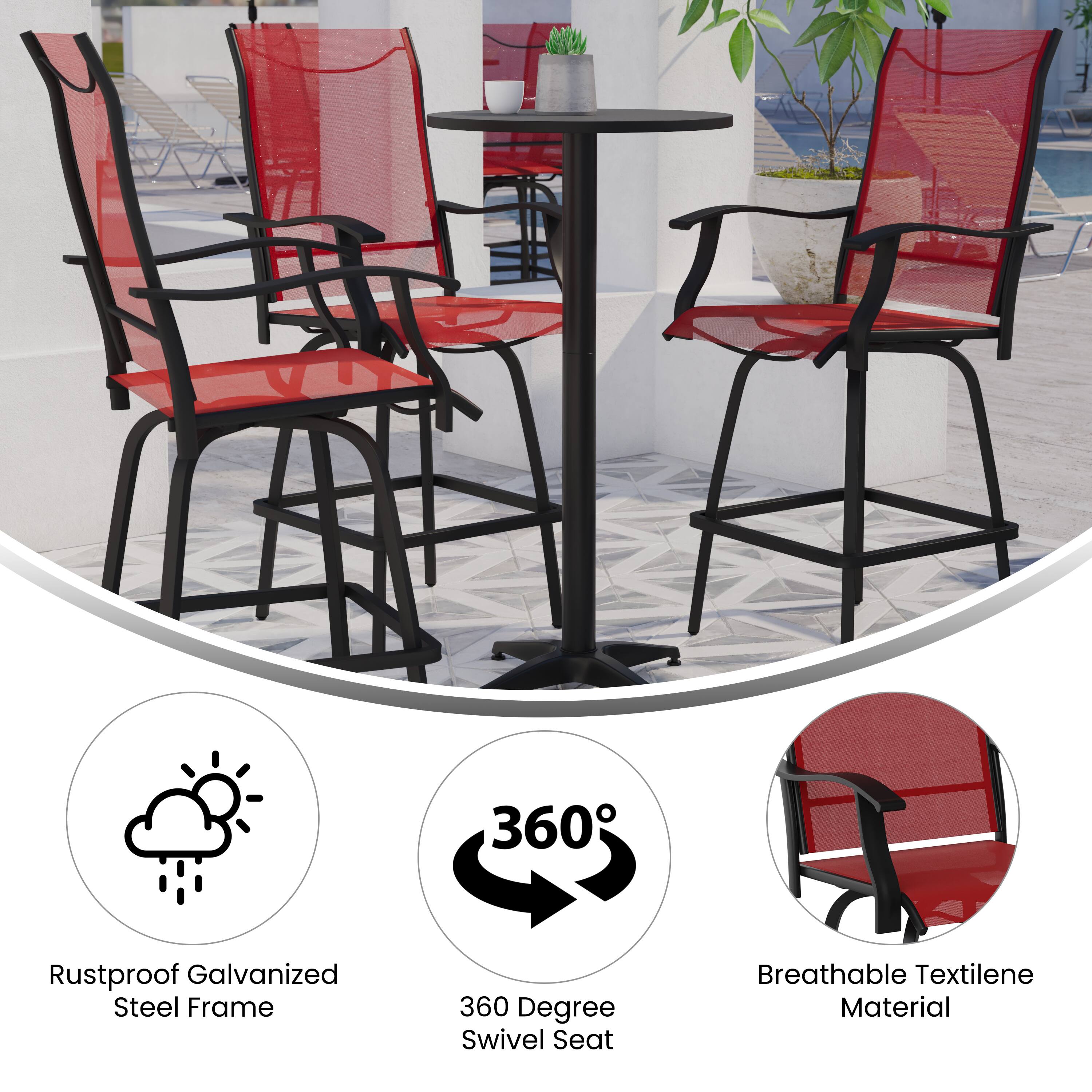 360 Rustproof Galvanized Steel Frame  
360 Degree Swivel Seat  
Breathable Textilene Material