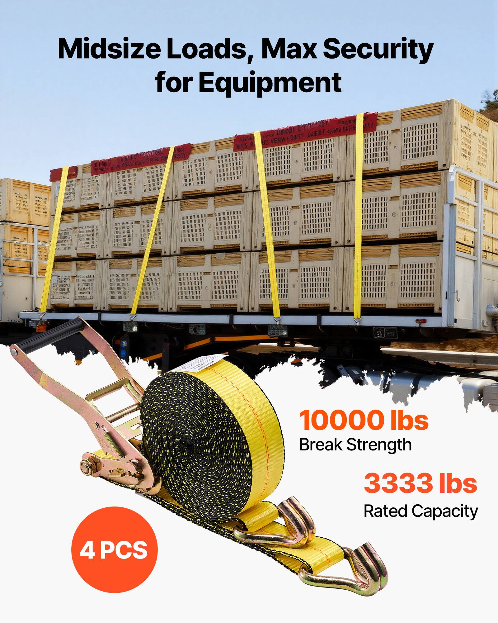 Midsize Loads, Max Security for Equipment

10000 lbs Break Strength

3333 lbs Rated Capacity

4 PCS