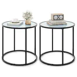 Gymax - 2PCS Glass End Table 20'' Round Side Table w/ Metal Frame & Faux Marble Glass Top - Black, White