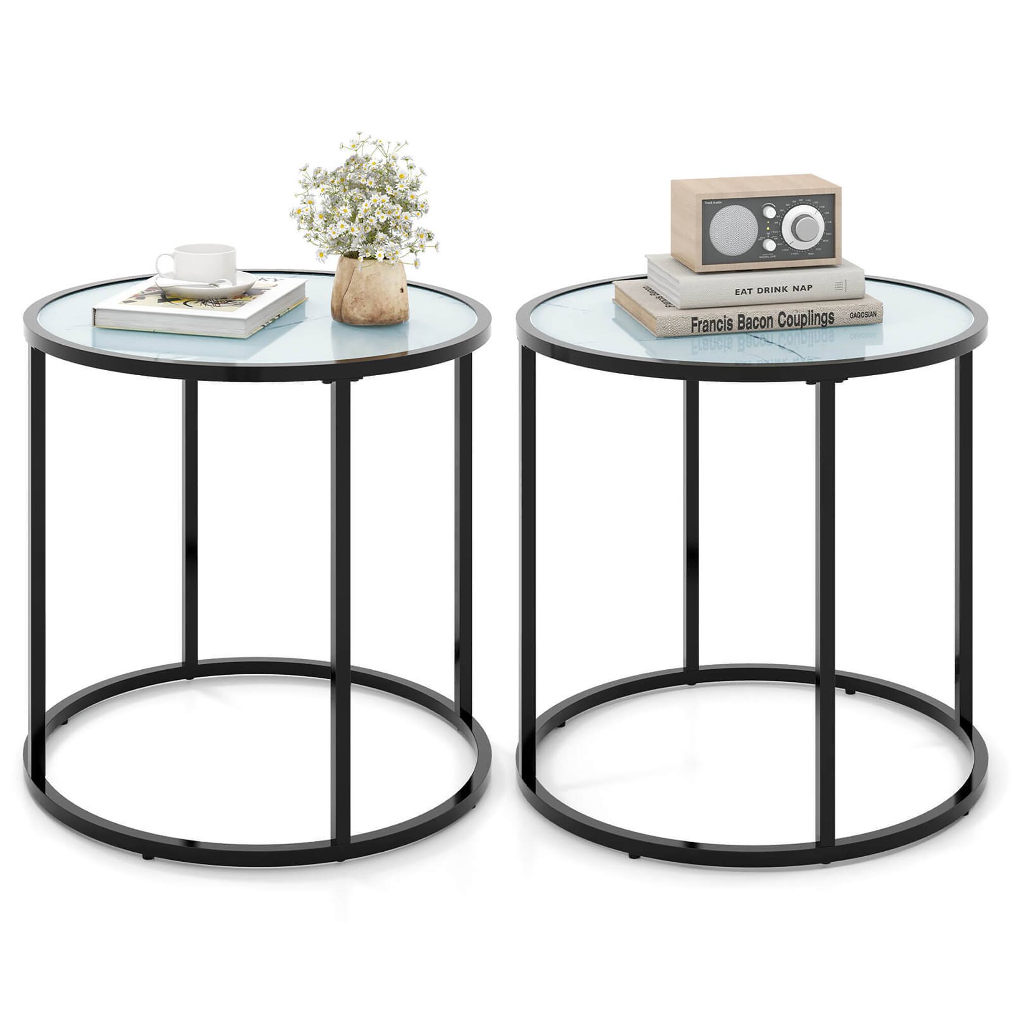 Gymax - 2PCS Glass End Table 20'' Round Side Table w/ Metal Frame & Faux Marble Glass Top - Black, White