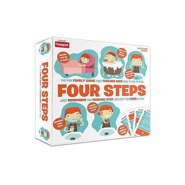 Licensee: FUNSKOOL

24 PLAYERS

THE FUN FAMILY GAME THAT TEACHES KIDS HOW TO DO THINGS

I V FOUR STEPS

MISSING STEP.

COLLECT THE CARD & WIN!

KIDS JUST REMEMBER THE STEPS

KEEP ORGANIZE YOUR ROOM

BRUSHING YOUR TEETH

PLAY & LAUGH LEARN TO BE PREPARED BEFORE SNORE