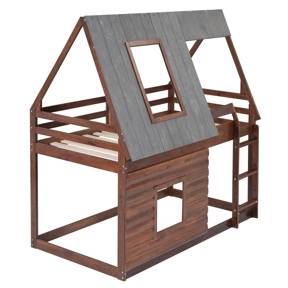 Alt View 7. Loheer - Loheer Wood Twin Over Twin House Bunk Bed with Roof and Windows Oak - Oak & Smoky Grey.