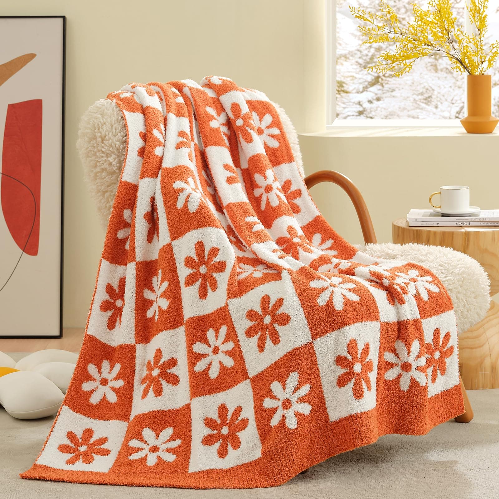 Dapper Styles - Checkered Blanket Beige Throw For Couch Plaid Microfiber Fluffy Warm Cozy Fuzzy Soft Reversible Checkerered - Orange Flower-Throw(50"x60")