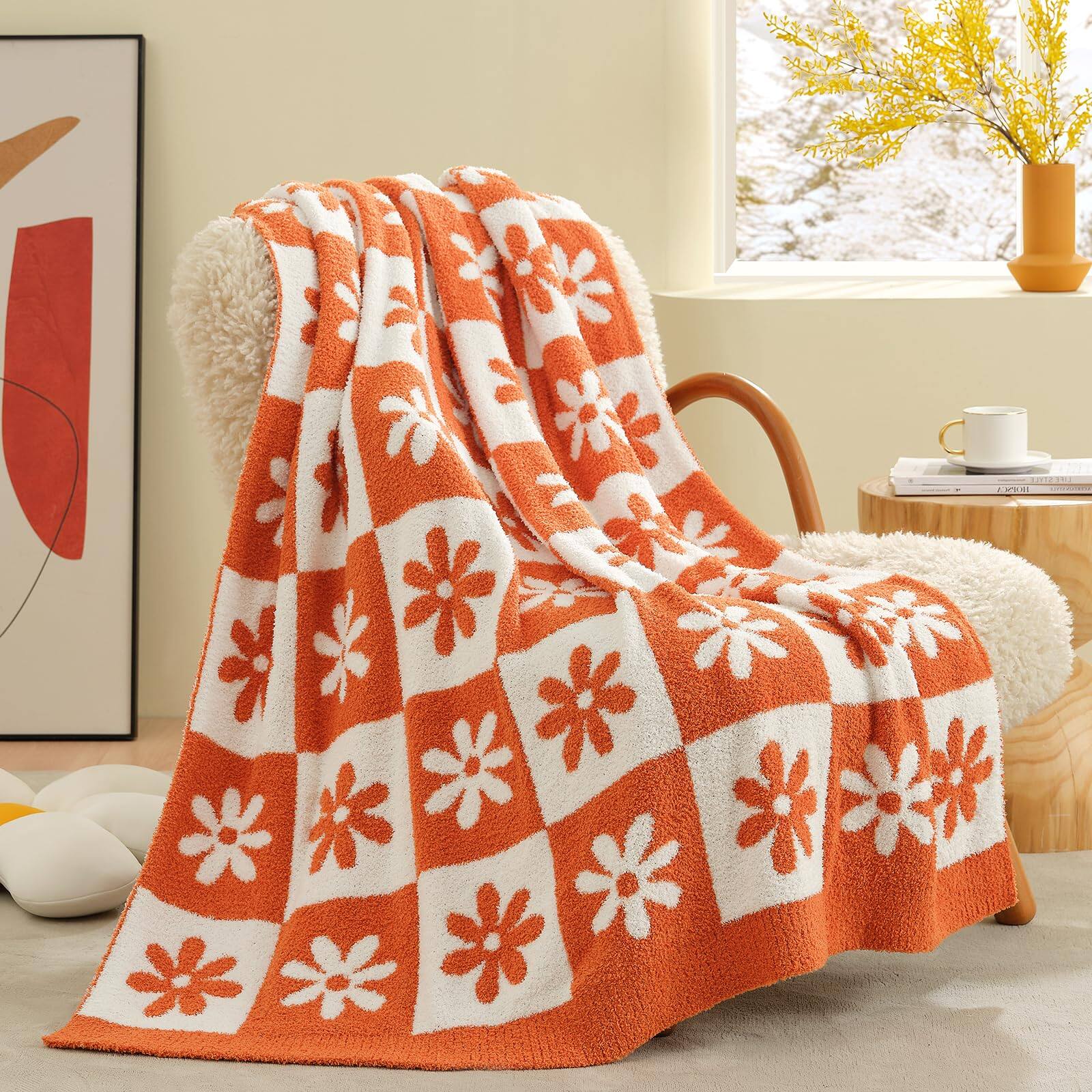 Dapper Styles - Checkered Blanket Beige Throw For Couch Plaid Microfiber Fluffy Warm Cozy Fuzzy Soft Reversible Checkerered - Orange Flower-Throw(50"x60")