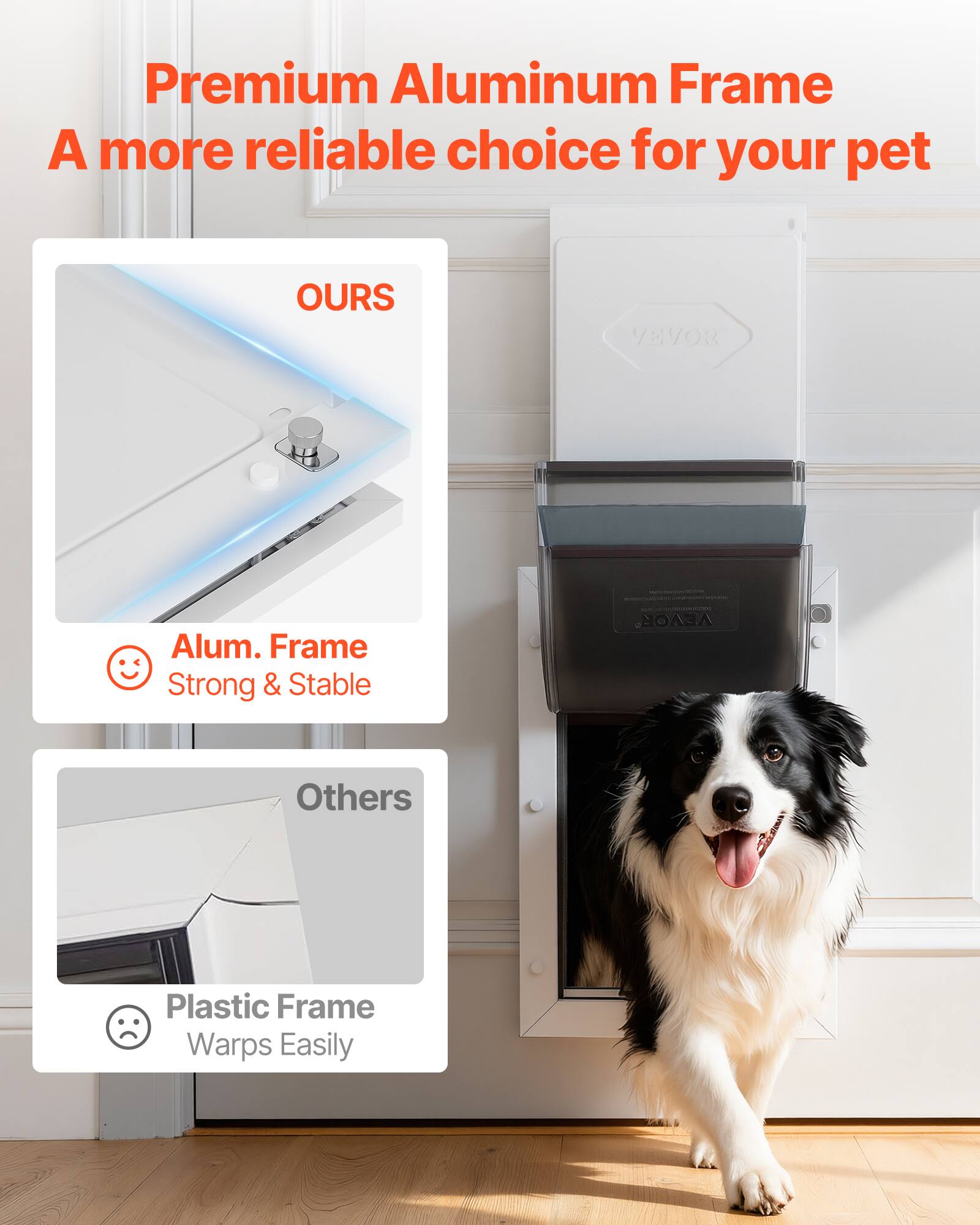Premium Aluminum Frame  
A more reliable choice for your pet  

OURS  
Alum. Frame  
Strong & Stable  

Others  
Plastic Frame  
Warps Easily