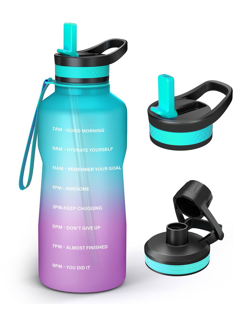 Left. Buzio - Motivational Water Bottle with 2 Lids  64oz - Green/Purple Gradient.