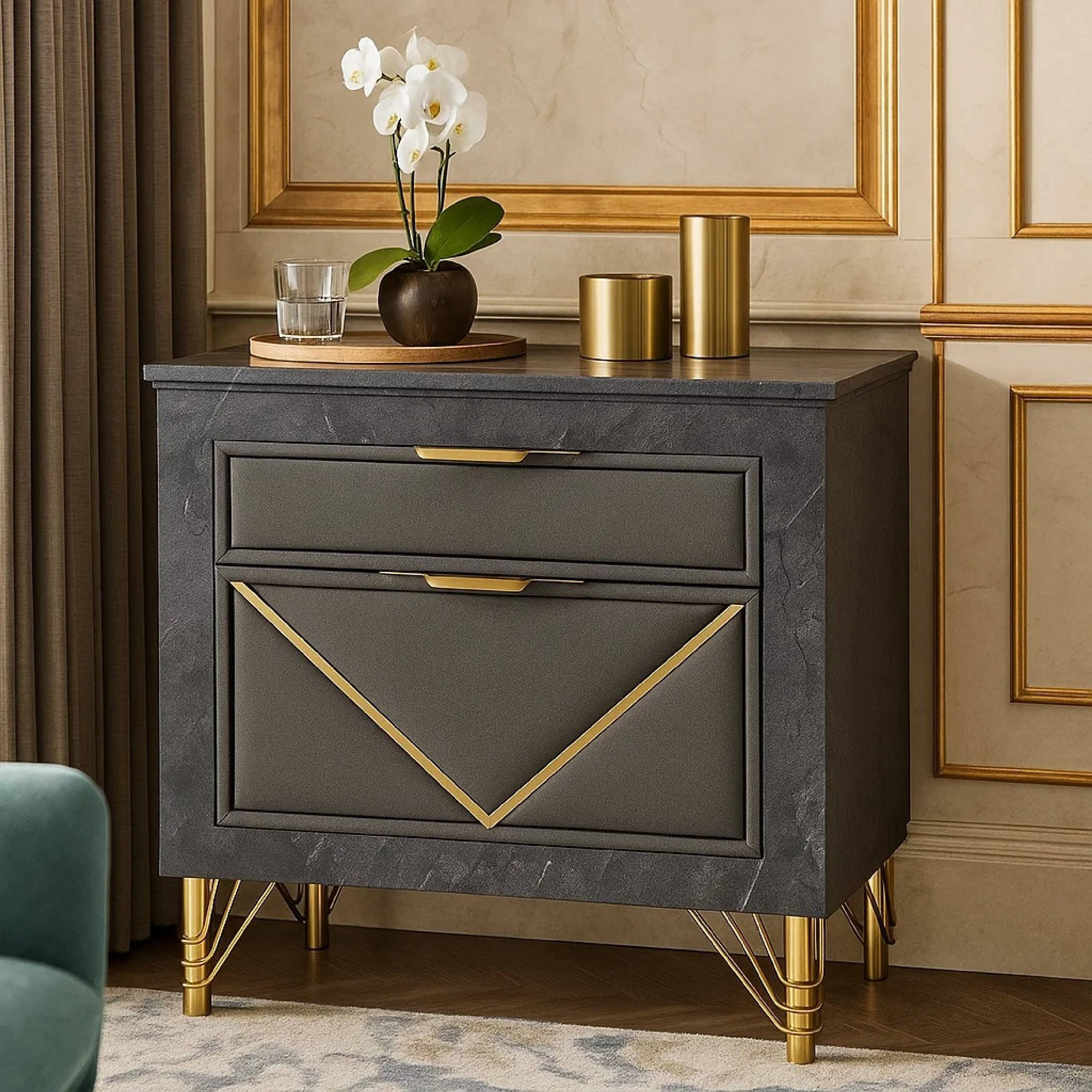 Alt View 2. Manhattan Lane - Semy Nightstand, 2  Accented Drawers,  Marble Laminate - Charcoal Gray, Gold.