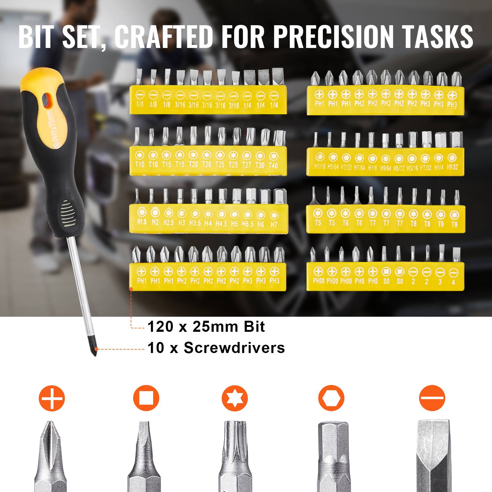 BIT SET, CRAFTED FOR PRECISION TASKS

PH1x75mm 1/8 1/8 1/8 3/16 3/16 3/16 3/16 3/16 1/4   T10 T10 T15 T15 T20 T20 T25 T25 127 1/4 1/4 30 T40 PH1 PH1 PH1 PH2 PH2 PH2 PM2 PH2 PH3 PHJ PH3 H11E 54 H3:32 H7.64 H1g HAE4 H5/32 H3/15 H7/32 H1.4 H932 R1.5 H2 H2.5 3 H3.5 H4 H4.5 H5 H5.5 6 H7 T5 T5 T6 * T6 1T T7 T7 T8 TB TS eT + PH1 PH1 PH1 PH2 PH2 PH2 PH2 PH2 PHJ PHJ PHJ + + + + + PHOO PHOO PHO0 PHO PHO S0  $0 2 2 3 4

120 x 25mm Bit 10 X Screwdrivers +