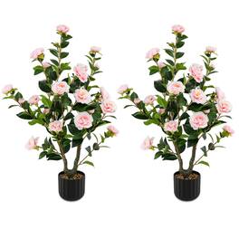 Gymax - 2PCS 38'' Artificial Camellia Tree Faux Floral Plant Fake Tree for Decoration - Pink