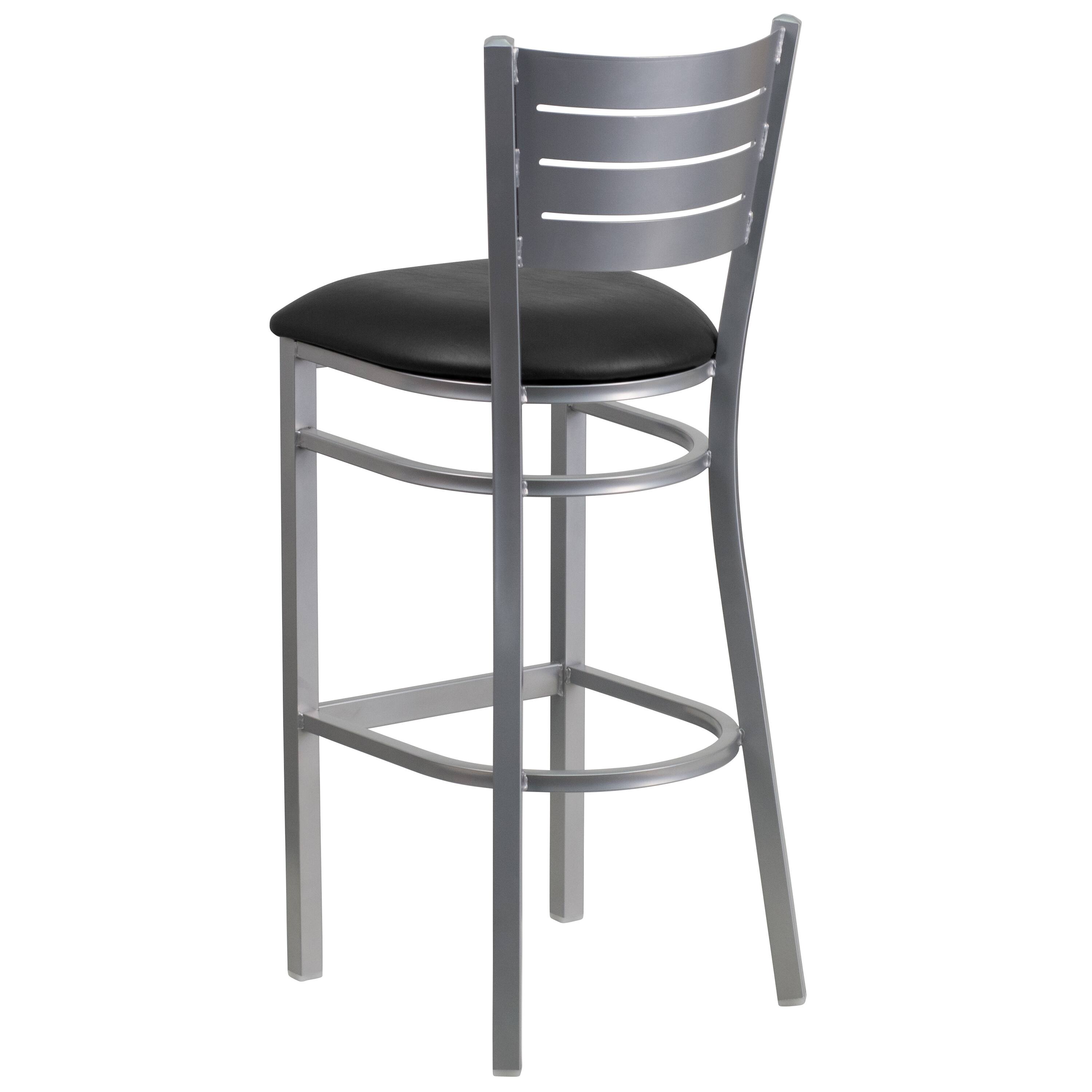 Alt View 5. Emma + Oliver - Silver Slat Back Metal Restaurant Dining Barstool - Black Vinyl Seat/Silver Frame.