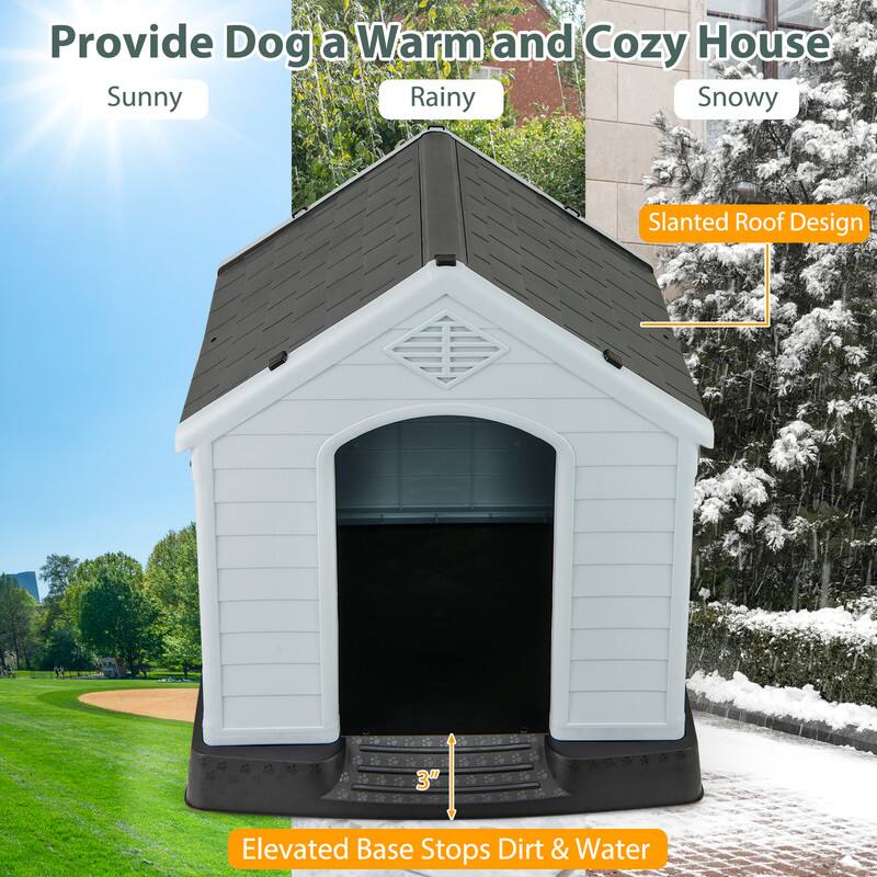 Provide Dog a Warm and Cozy House  
Sunny Rainy Snowy  
Slanted Roof Design  
Elevated Base Stops Dirt & Water