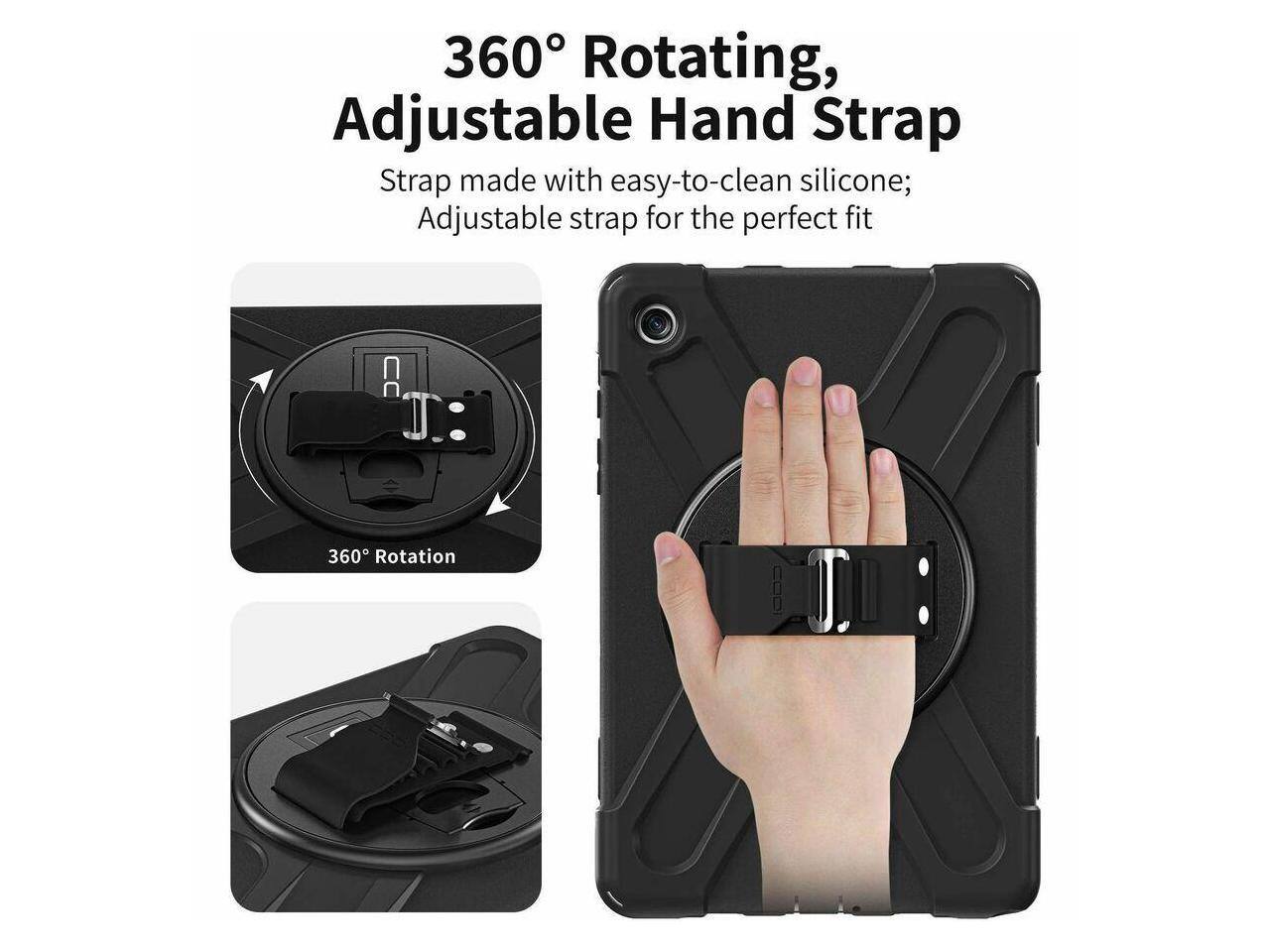 360° Rotating, Adjustable Hand Strap  
Strap made with easy-to-clean silicone; Adjustable strap for the perfect fit  
360° Rotation