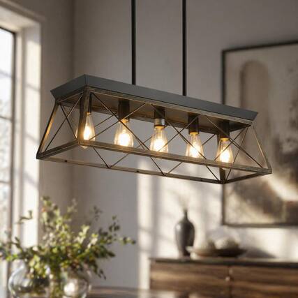 Front. RYHNUYNE - Industrial 5‑Light Linear Chandelier, 32" Black Kitchen Island Lighting for Kitchen Island Dining Living Room - Black+Gold.