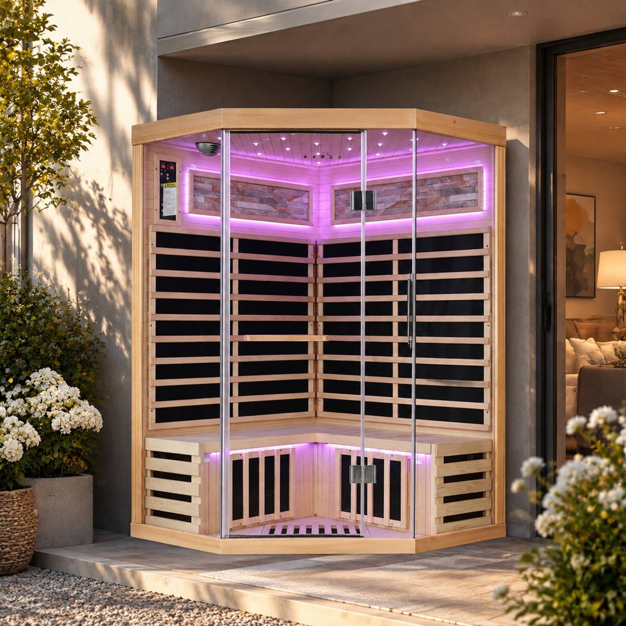 Left. RYHNUYNE - Double Sauna Room, 120 x 120 x 190 cm, Canadian Hemlock Wood, 1935W Carbon Plate Heating, 7 Heating Plates, Starry Sky - Ameican White Oak.