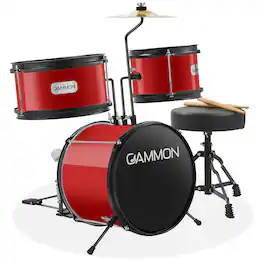 Gammon Percussion - 3pc Junior Drum Set - Beginner Kit with Throne - Cymbal - Drumsticks - Red