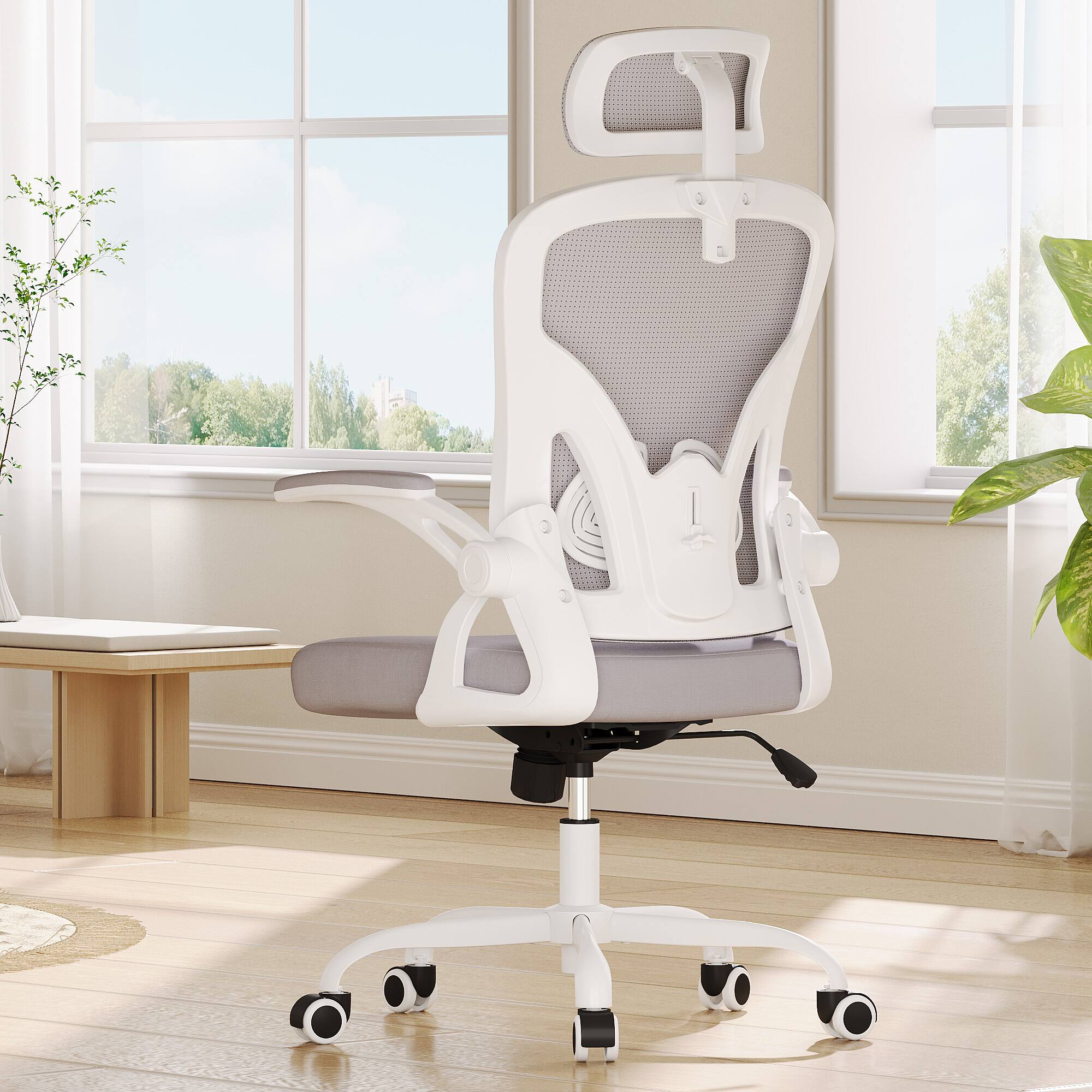 PexFix - Ergonomic Office Chair with Flip-Up Armrests, Adjustable Headrest & Lumbar Support for Home Office - White+Gray