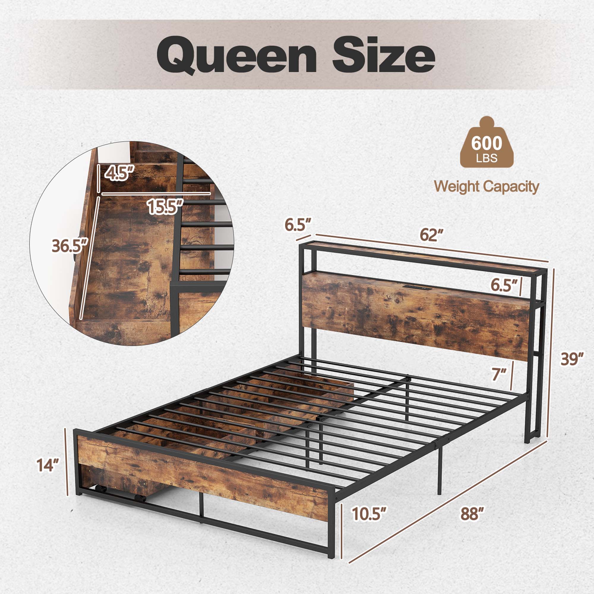 Queen Size, 4.5", 15.5", 36.5", 6.5", 600 LBS Weight Capacity, 62", 6.5", 7", 39", 14", 10.5", 88"