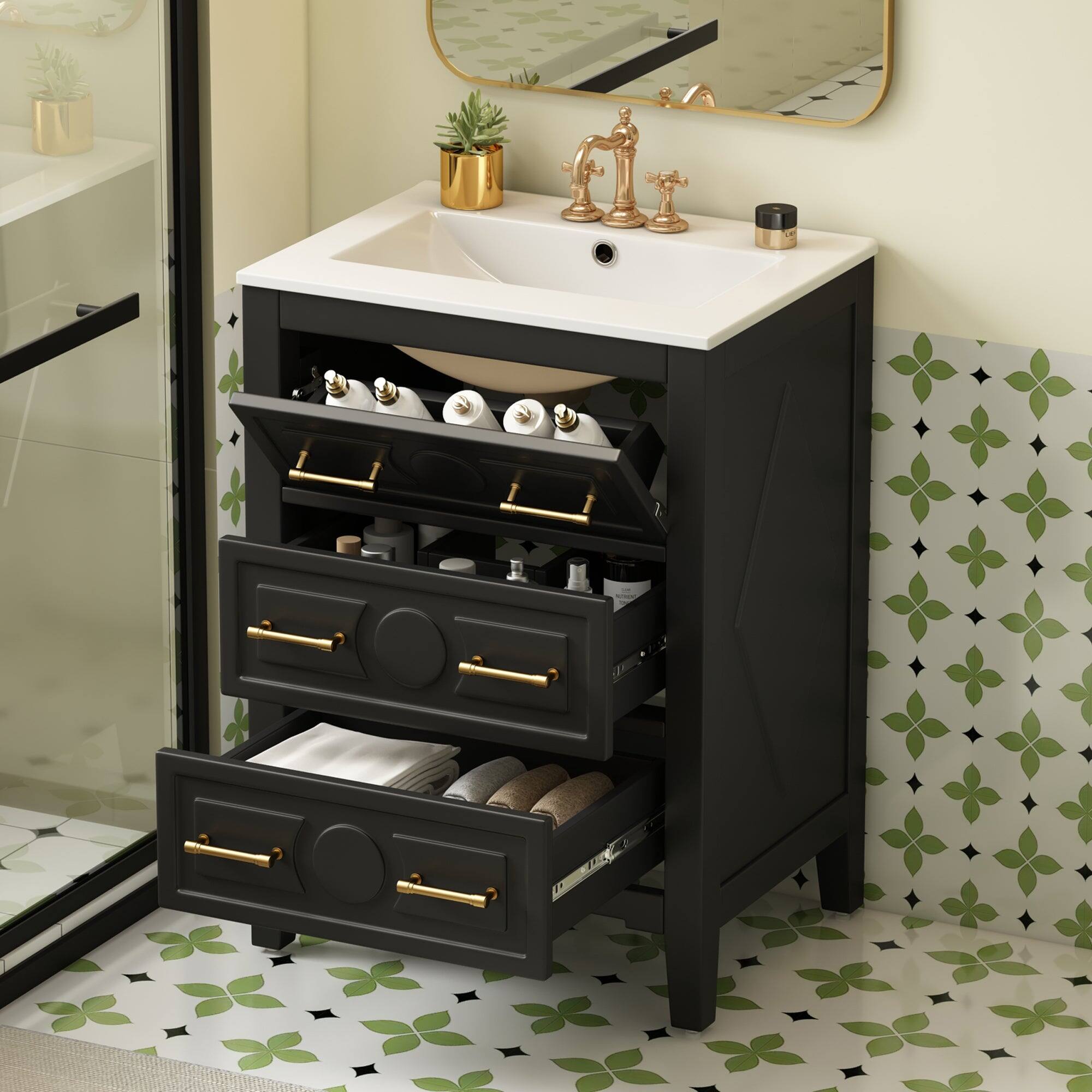 Alt View 2. Boyel Living - 24 Inch Retro Bathroom Vanity with Ceramic Sink and Three Drawers Black - Black.