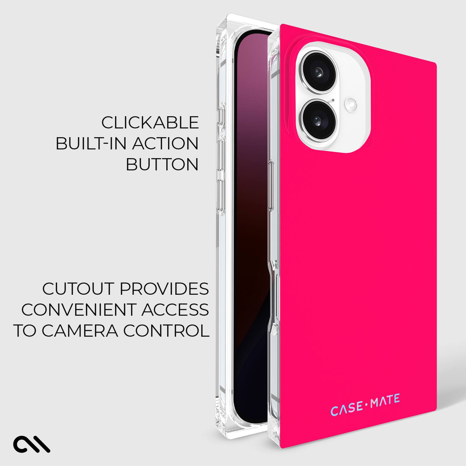 The image features a pink case for a cell phone, which has a built-in action button. This button is clickable and provides convenient access to the camera control. The case is designed by Casemate, and it is a cutout case that offers a secure and stylish way to protect the phone.