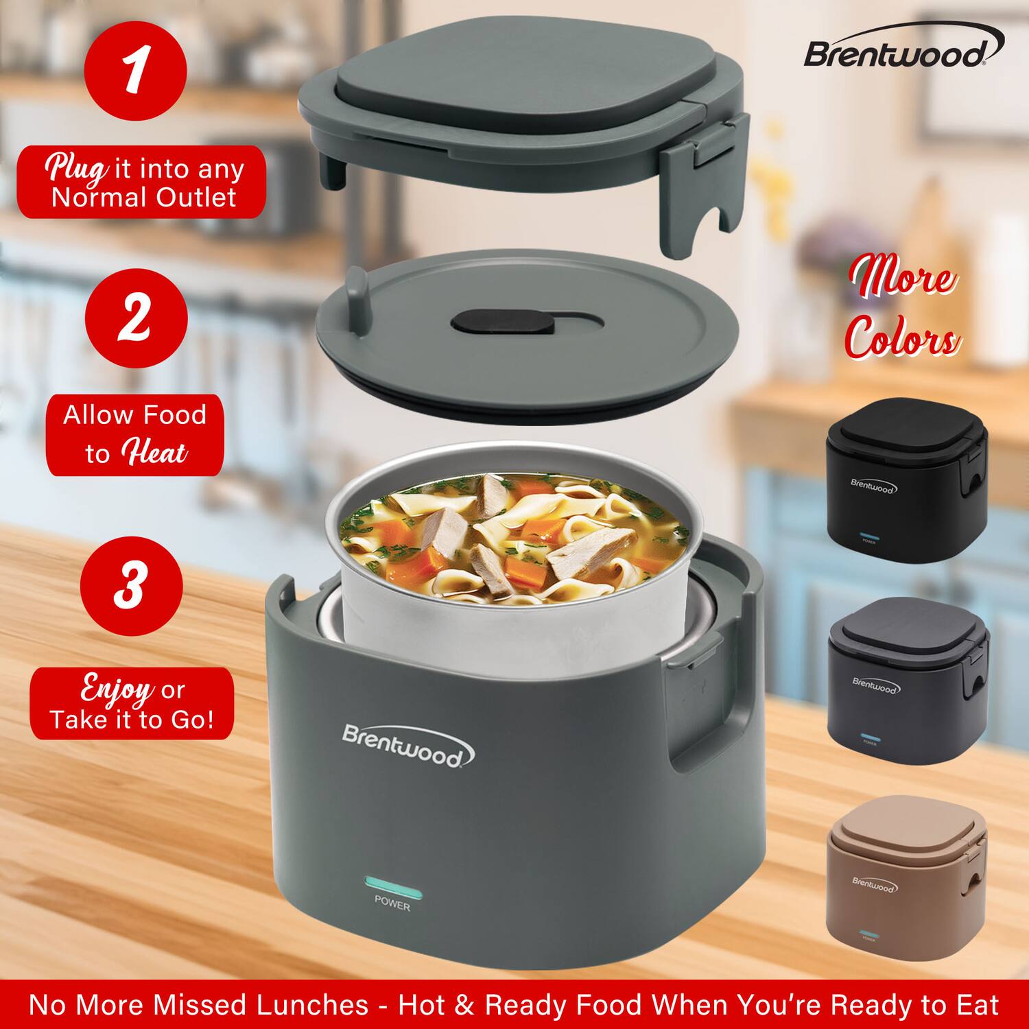 1. Plug it into any Normal Outlet

2. Allow Food to Heat

3. Enjoy or Take it to Go!

More Colors

No More Missed Lunches - Hot & Ready Food When You're Ready to Eat