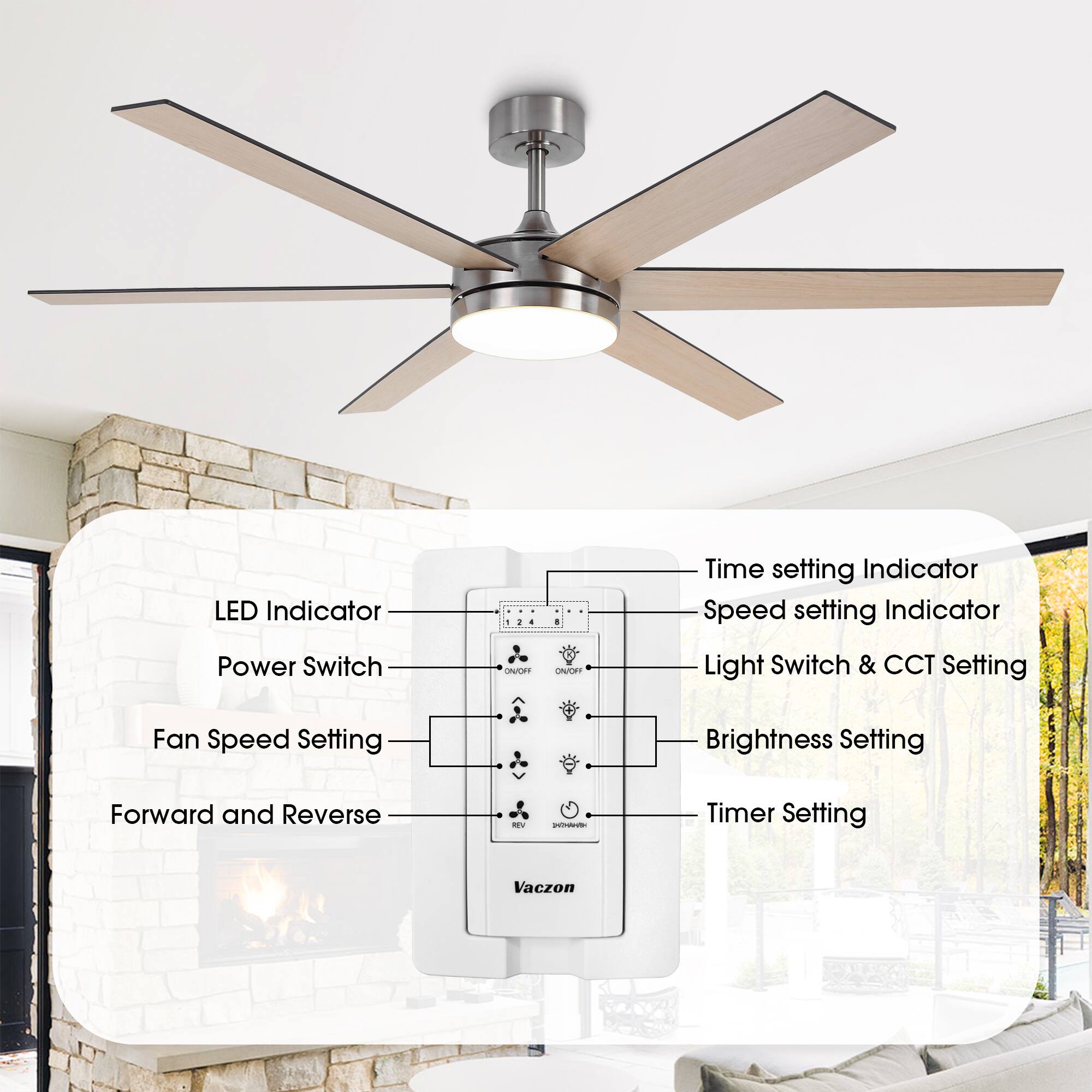 - LED Indicator
- Power Switch
- Fan Speed Setting
- Forward and Reverse
- Time setting Indicator
- Speed setting Indicator
- Light Switch & CCT Setting
- Brightness Setting
- Timer Setting