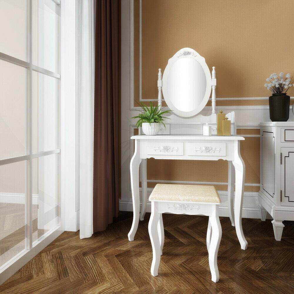 Alt View 9. Winado - Vanity Makeup Dressing Table Set with Stool 4 Drawer, Detachable 360°Spinning Ellipse Mirror Jewelry, Wood Writing Desk - White.