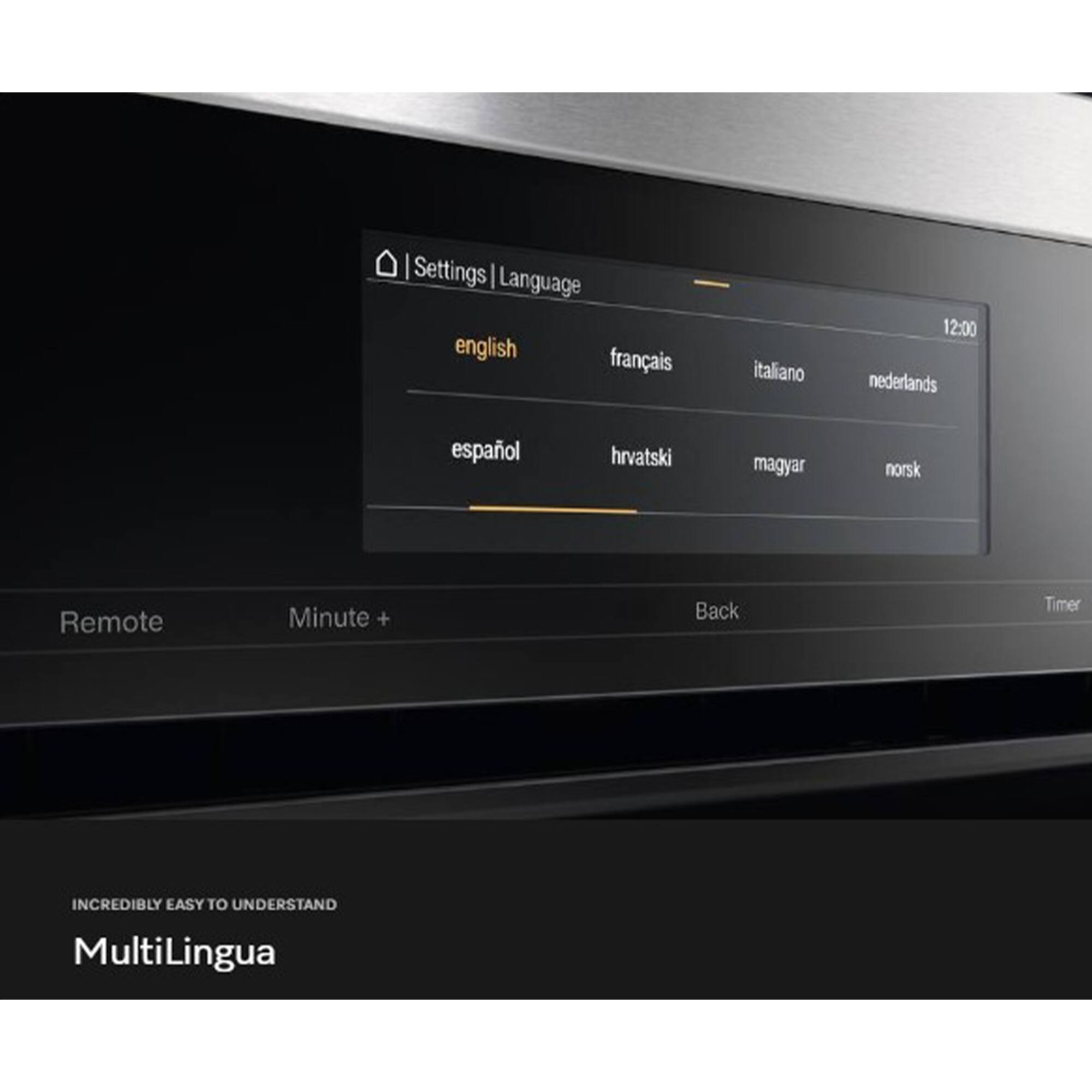 Settings Language english français italiano 12:00 nederlands español hrvatski magyar norsk Remote Minute + Back Timer INCREDIBLY EASY TO UNDERSTAND MultiLingua
