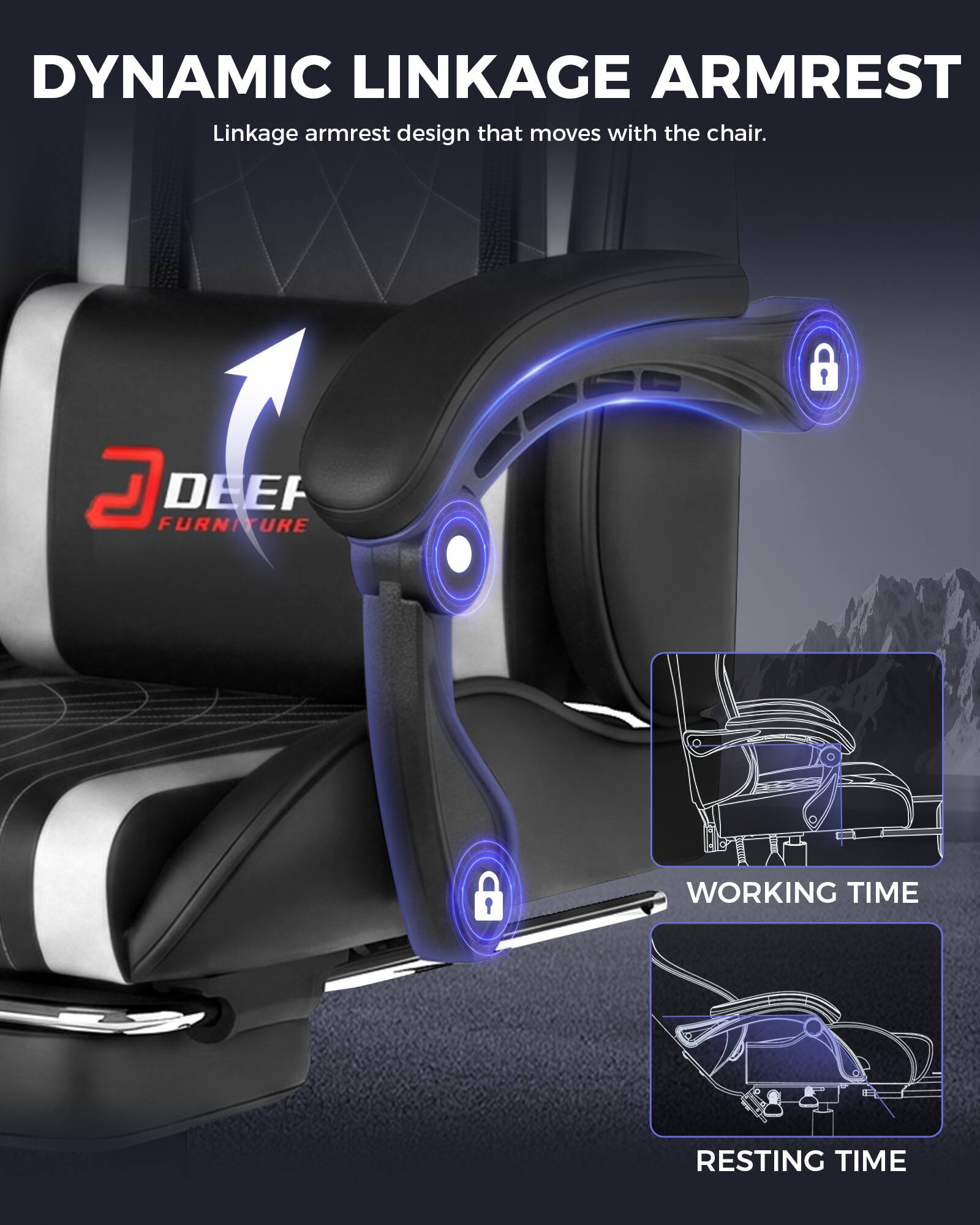 DYNAMIC LINKAGE ARMREST  
Linkage armrest design that moves with the chair.  

I D FURNITURE DE  

WORKING TIME  
RESTING TIME