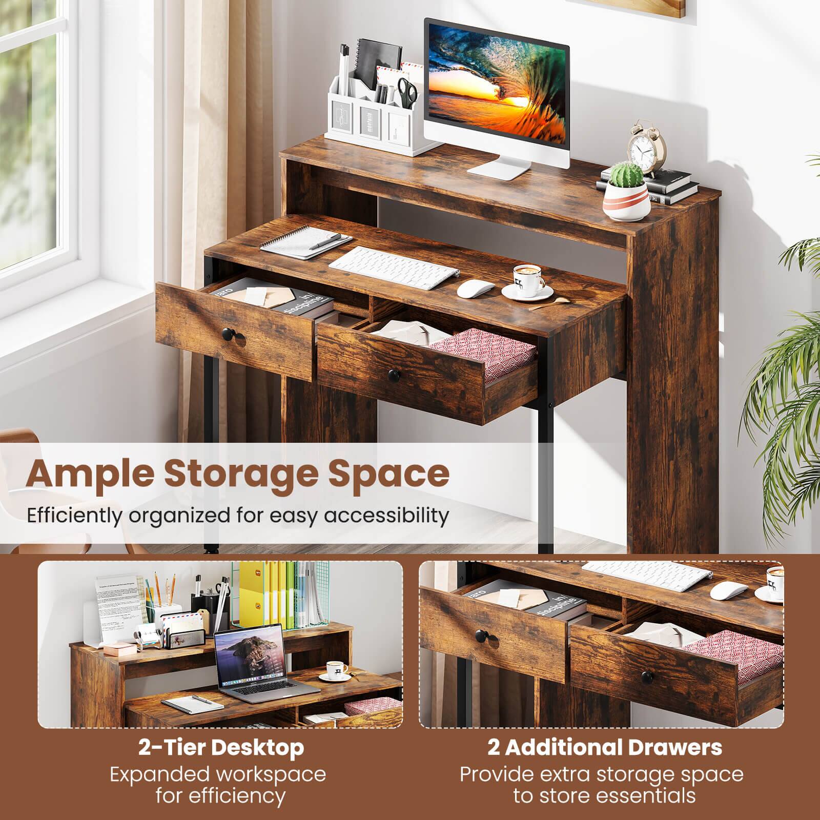 Ample Storage Space Efficiently organized for easy accessibility

2-Tier Desktop Expanded workspace for efficiency

2 Additional Drawers Provide extra storage space to store essentials