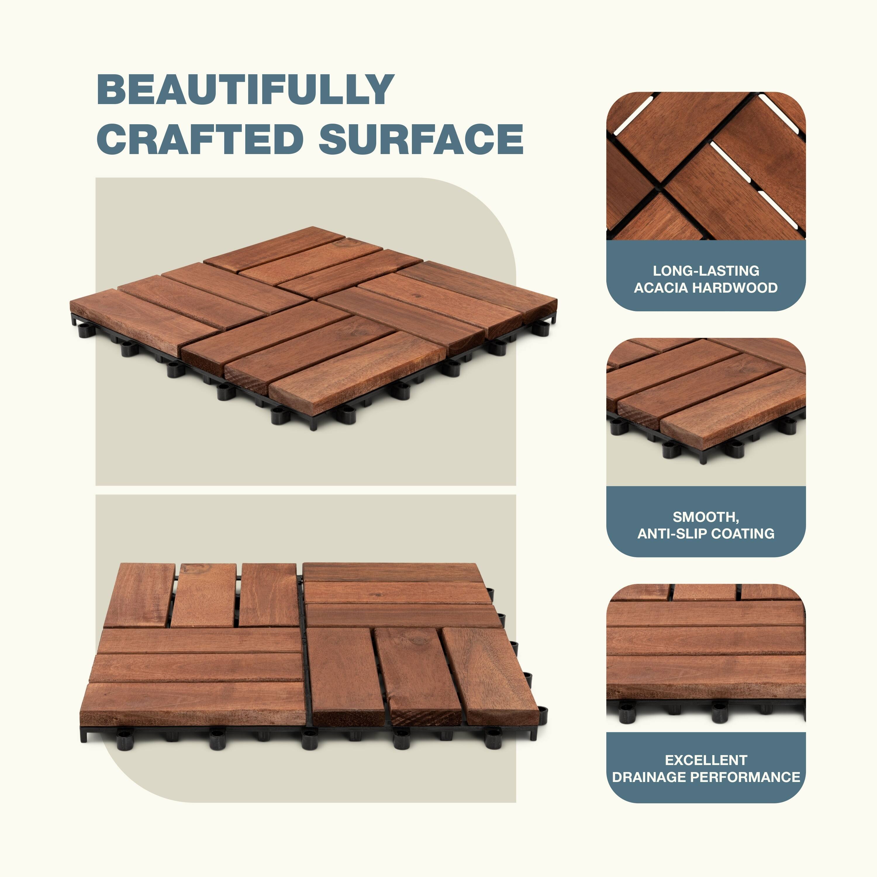 The text can be grouped and corrected as follows:

- **Beautifully Crafted Surface**
- **Long-Lasting Acacia Hardwood**
- **Smooth, Anti-Slip Coating**
- **Excellent Drainage Performance**