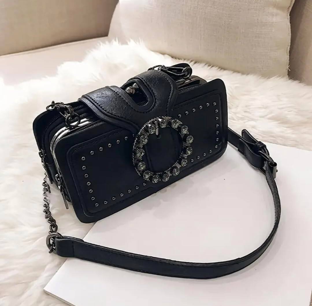 Front. Auledio - Vintage Punk Shoulder Bag, Retro Underarm Crescent Bag, Women's Retro Handbag & Hobo Purse - Black.